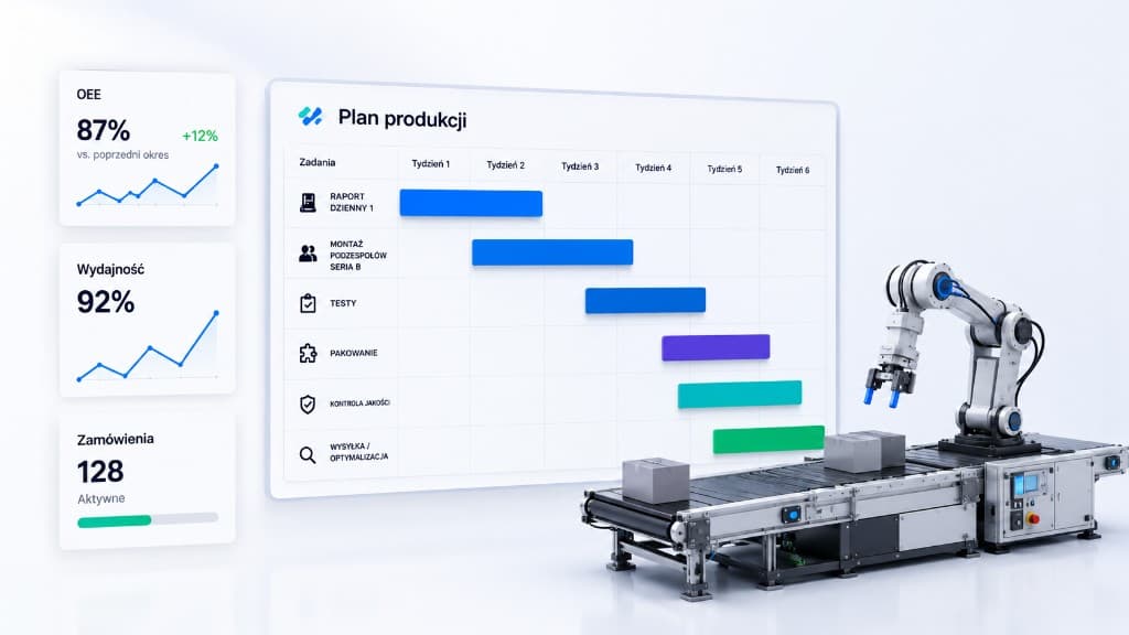 FlowMind — plan produkcji, wskaźniki OEE, zamówienia i widok automatyki